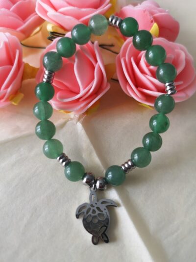 Bracelet en aventurine verte orné d'une breloque en forme de tortue en acier inoxydable, apaisement, calme,ouverture du coeur