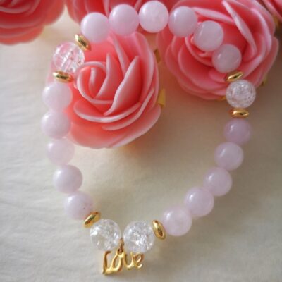 Bracelet en Quartz Rose et Cristal de Roche avec Breloque en Acier Inoxydable « Amour et Douceur »